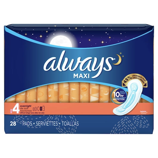 ALWAYS MAXI OVERNIGHT/NO WINGS 28CT SIZE 4 P&G