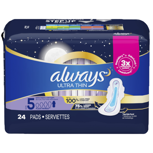 ALWAYS ULTRATHIN EXTRA HEAVY OVERNIGHT/FLEXI-WINGS 24CT SIZE 5 P&G