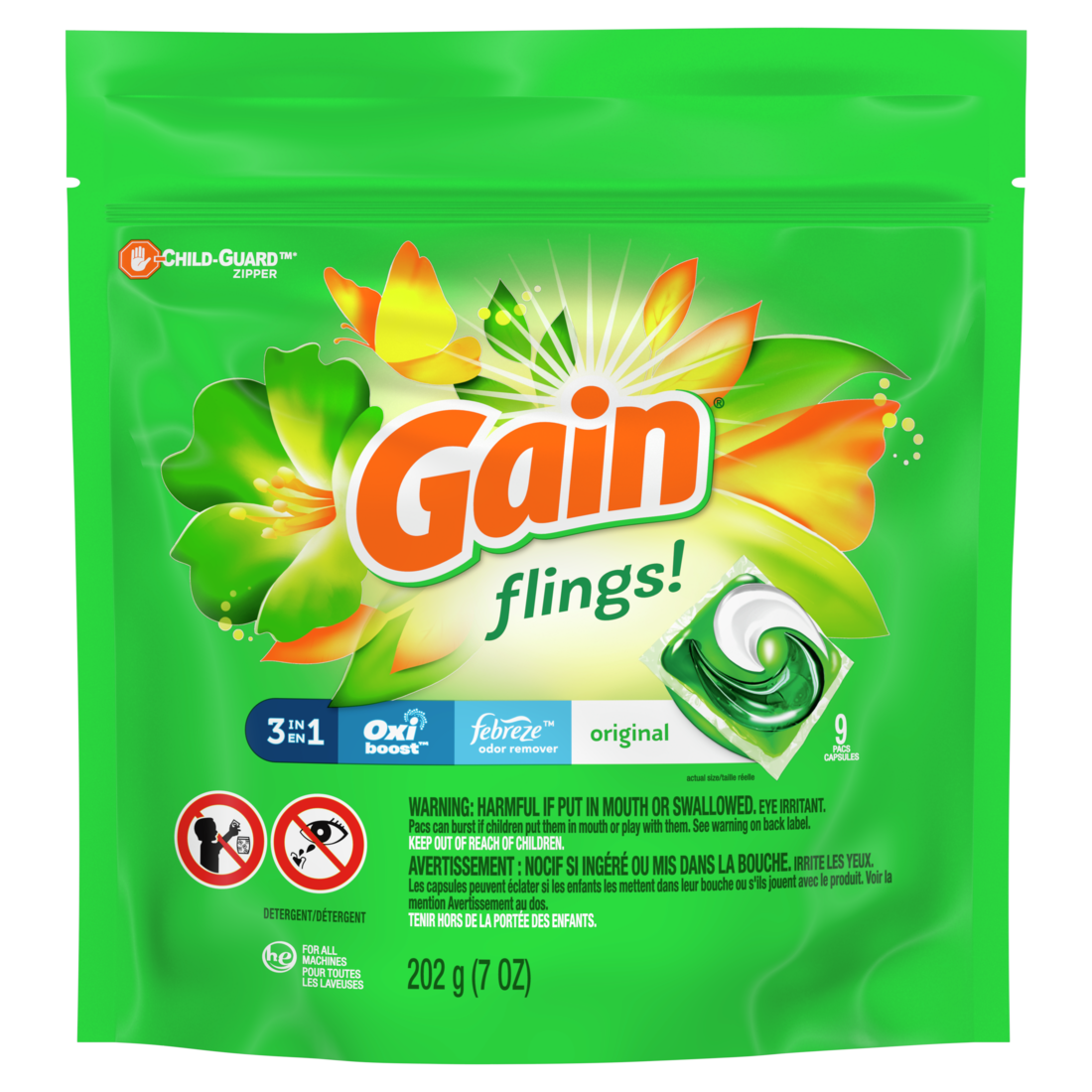 GAIN FLINGS LIQUID DETERGENT PODS, 7 OZ. PACK