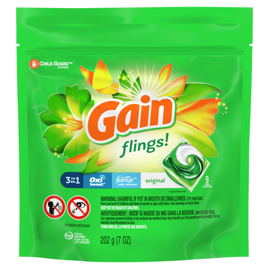 GAIN FLINGS LIQUID DETERGENT PODS, 7 OZ. PACK